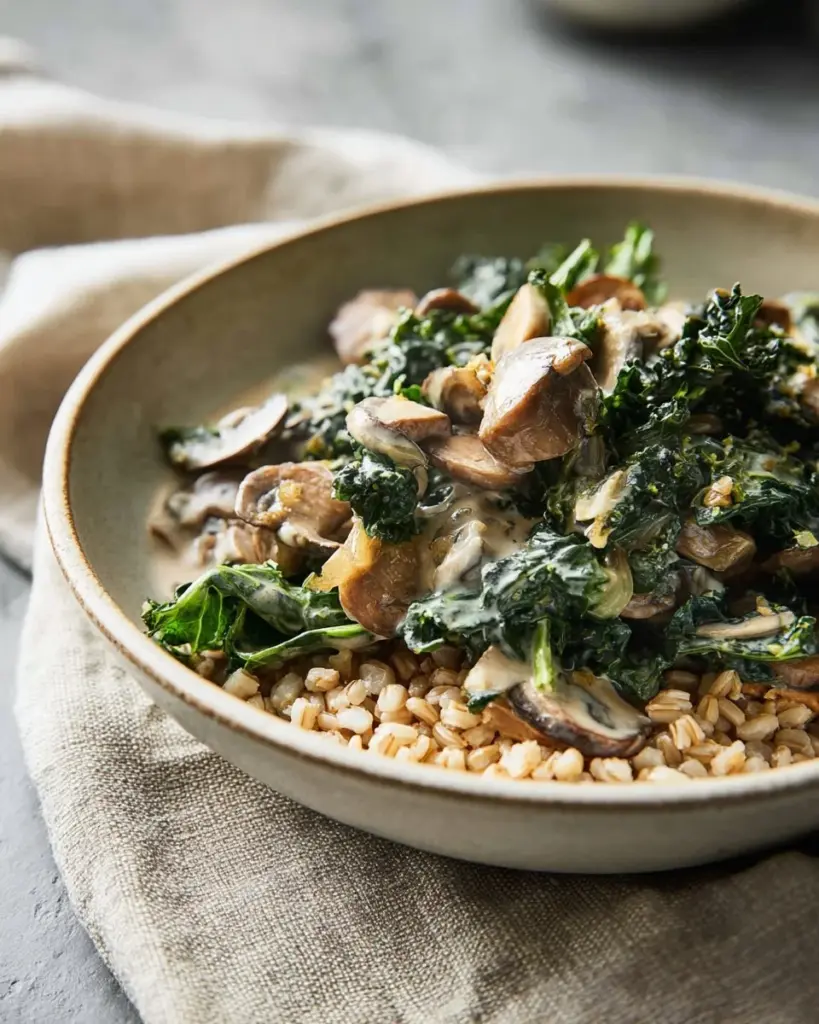 Delicious Kale and Mushroom Gratin served in a baking dish