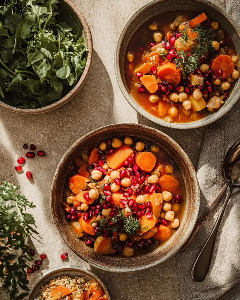 Bowl of Moroccan spiced carrot chickpea stew with vibrant colors and spices