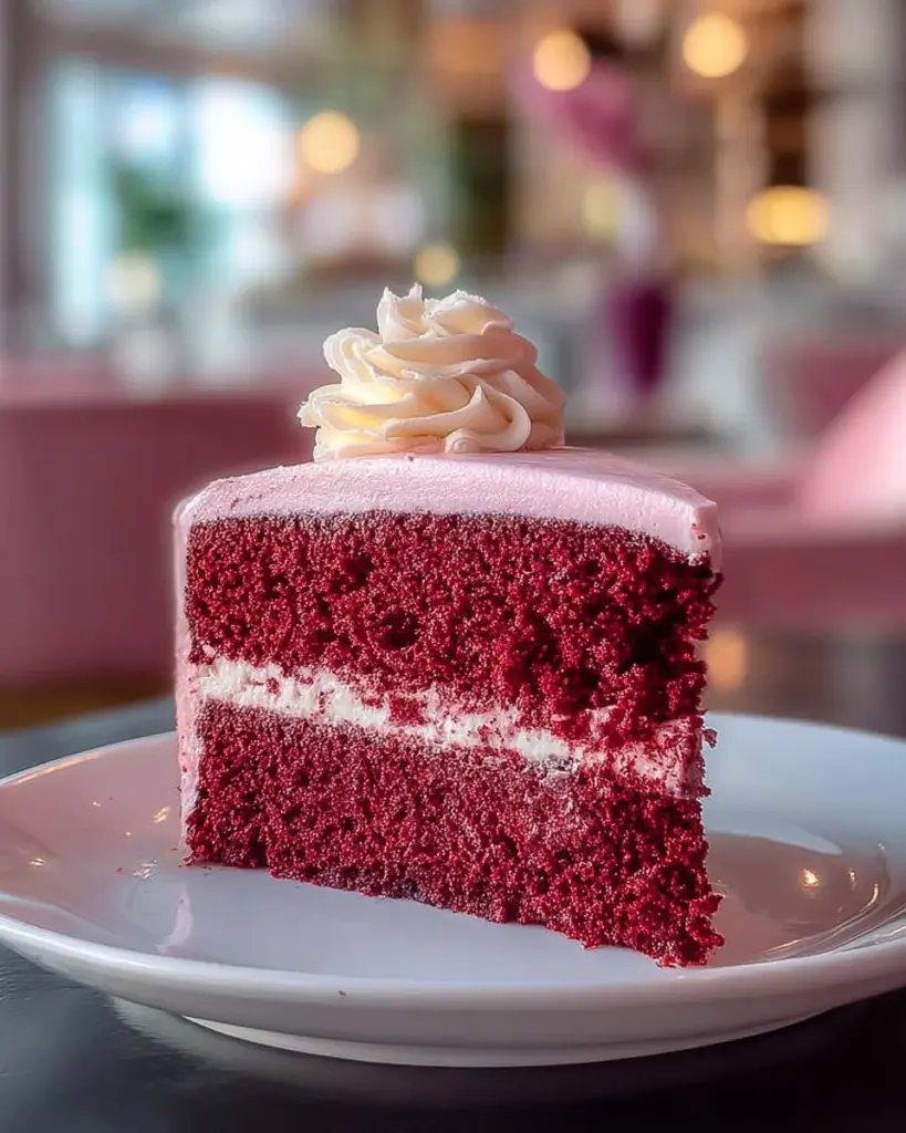 Delicious Mother's Day Pink Velvet Cake with frosting and decorative flowers.