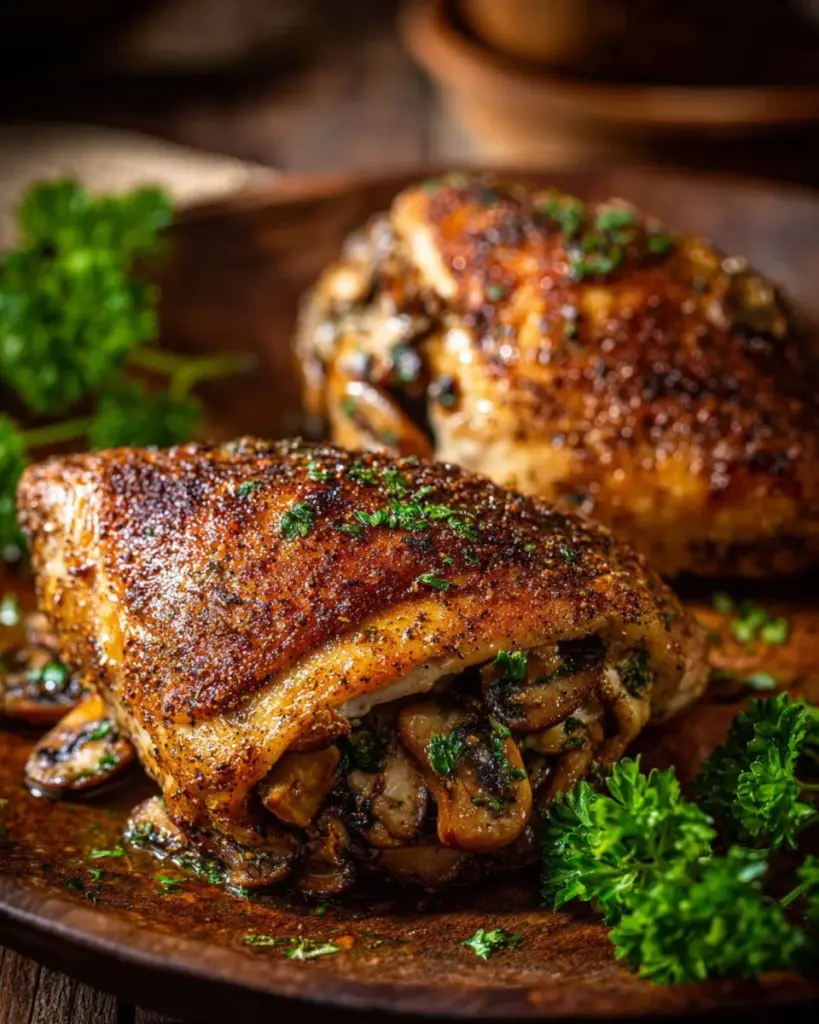 Mushroom stuffed chicken breast beautifully plated for a gourmet dinner