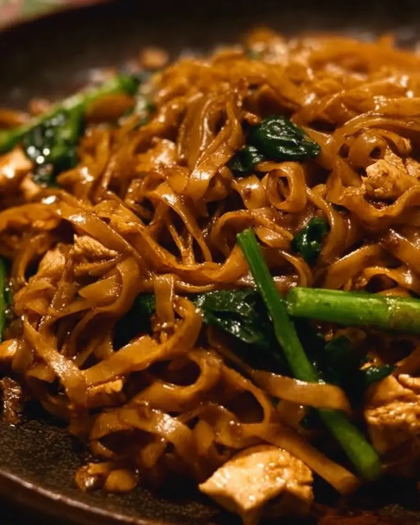 Plate of Pad See Ew, a traditional Thai stir-fried noodle dish with vegetables and chicken.
