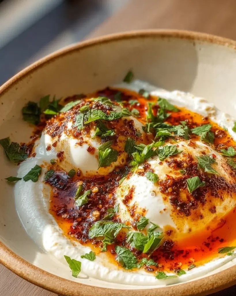 Poached eggs with Aleppo butter and yogurt presented in a bowl.