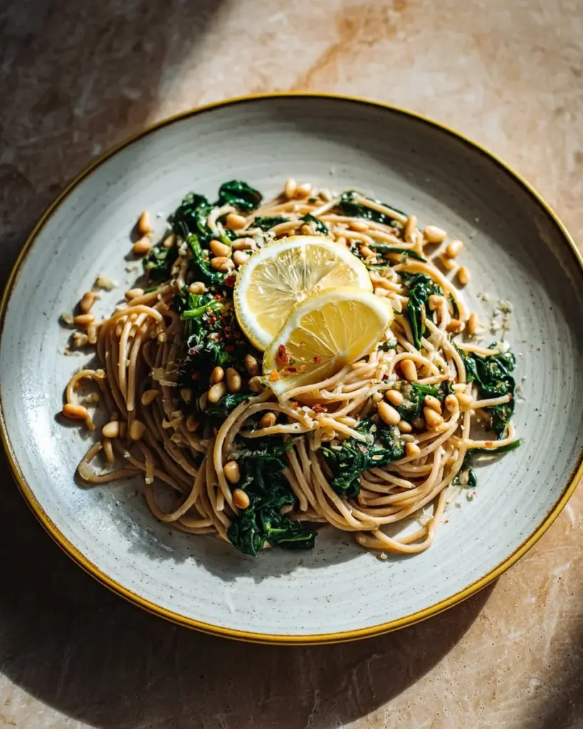 Quick garlic spinach pasta with pine nuts served in a bowl