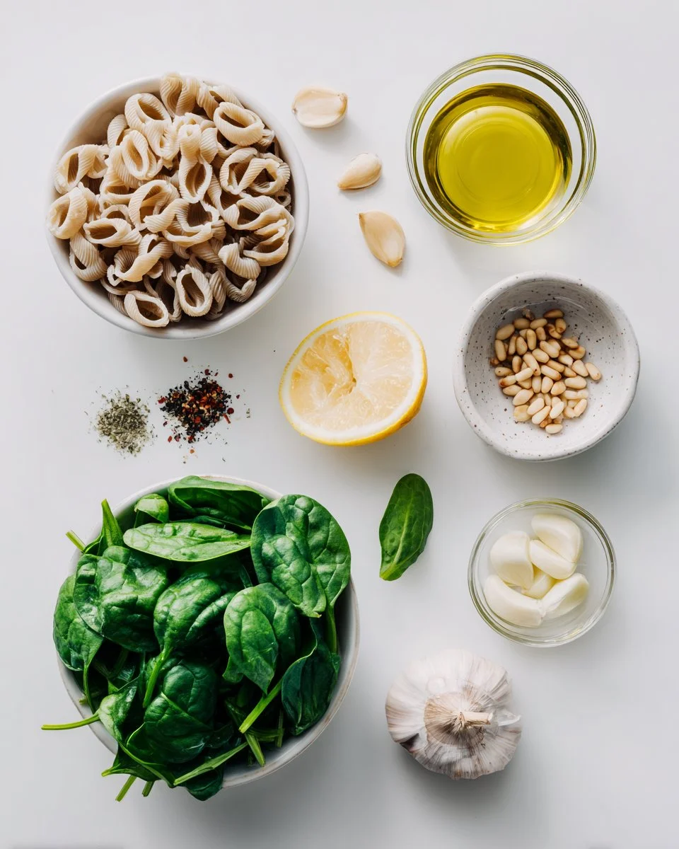 Quick Garlic Spinach Pasta with Pine Nuts