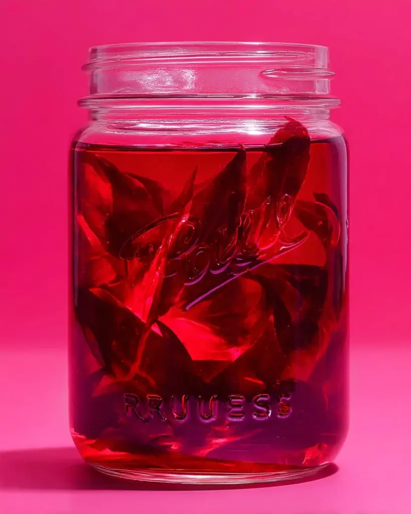 Jar of quick pickled beets with fresh ingredients and spices