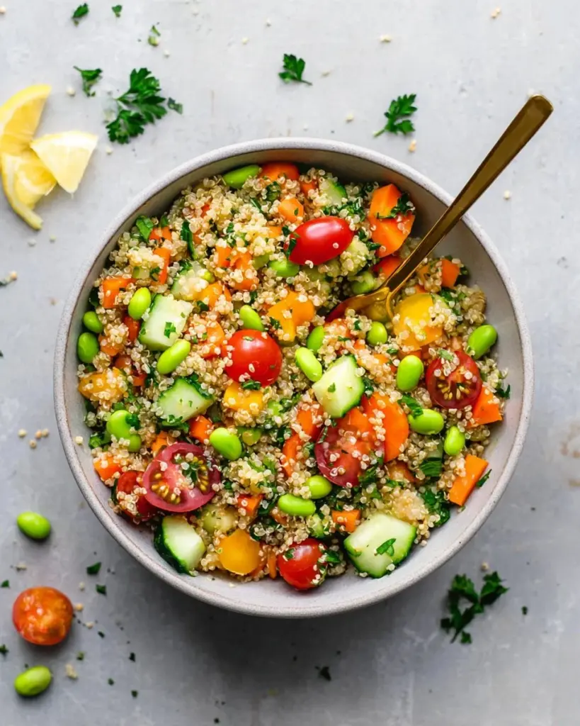 Quinoa salad with chickpeas, fresh vegetables, and herbs in a bowl