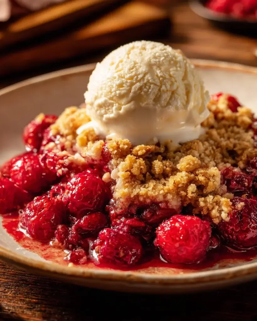 Delicious raspberry crumble dessert topped with golden crumble topping.
