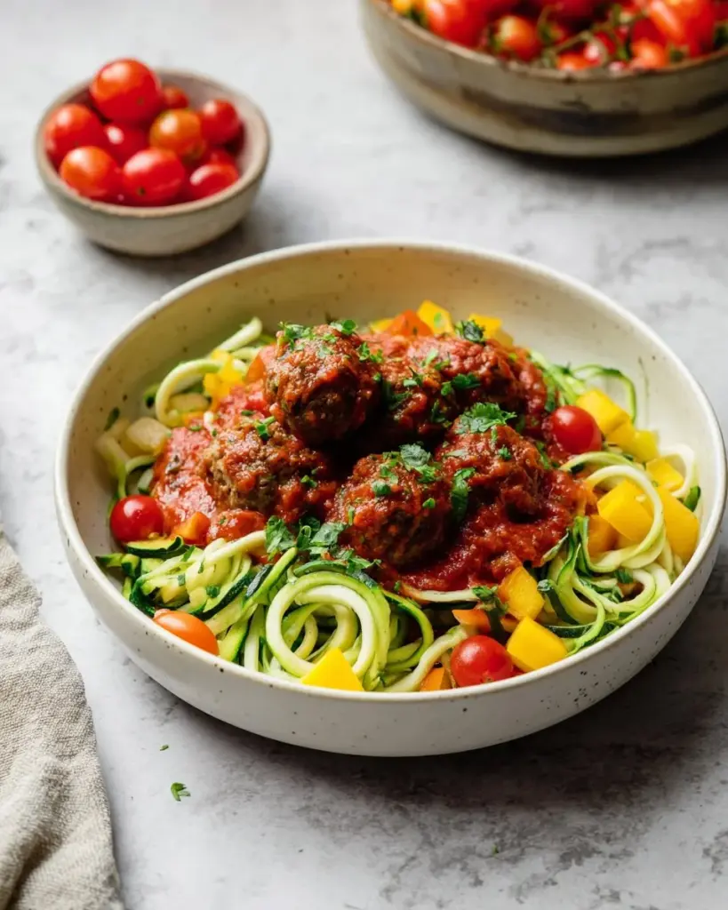 Raw Pasta Primavera with meatballs and fresh vegetables