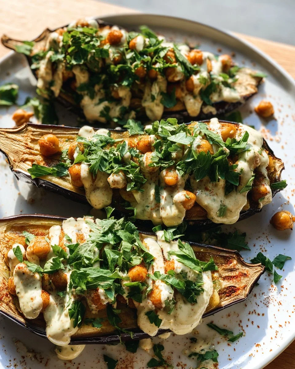 Roasted Eggplant Chickpea with Tahini Sauce