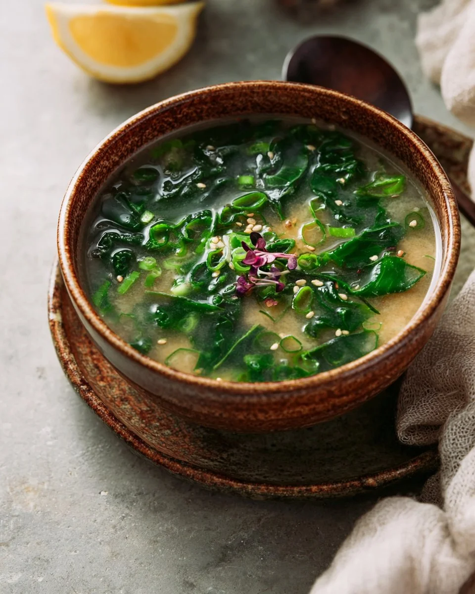 Roasted Garlic Miso Soup with Greens