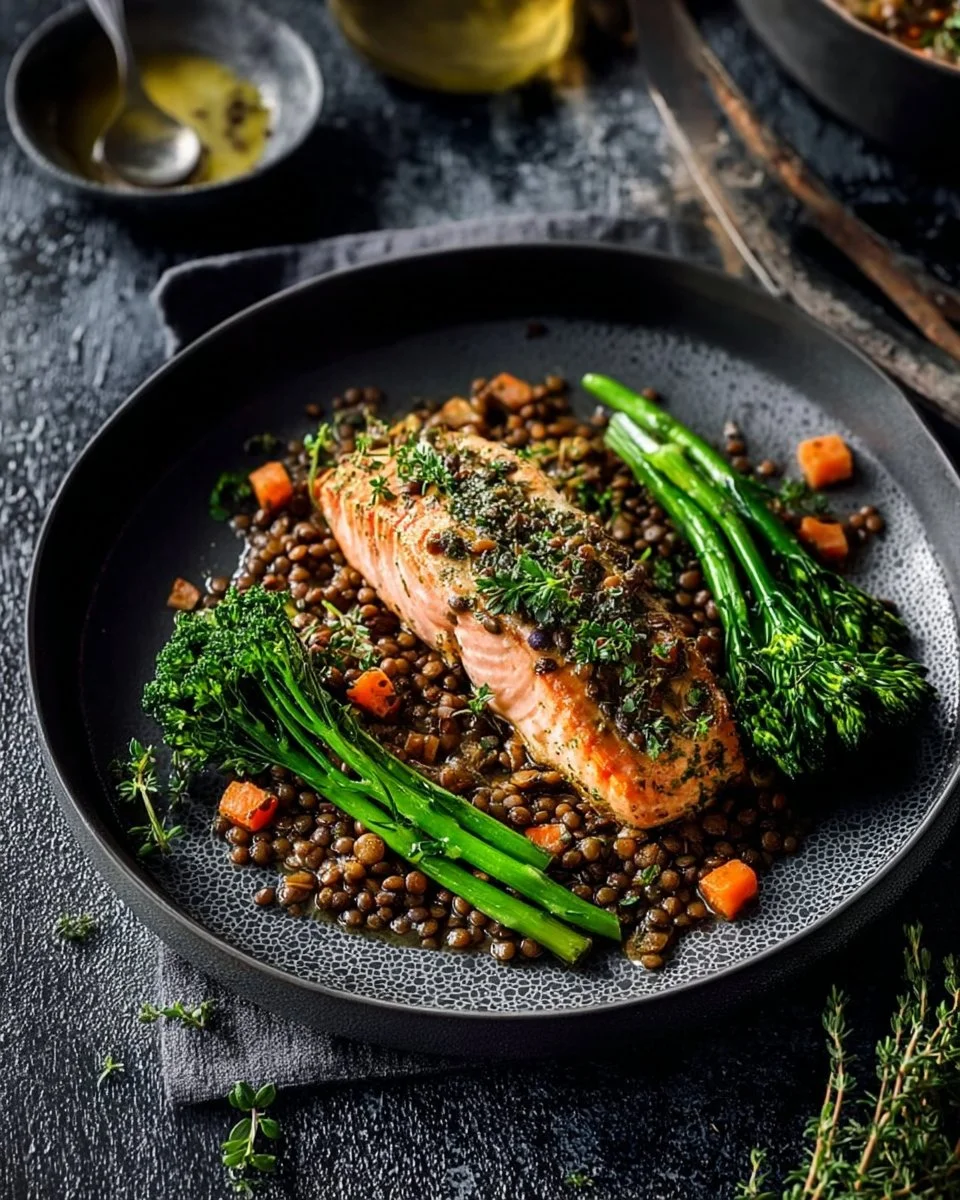 Roasted Salmon with Braised French Green Lentils