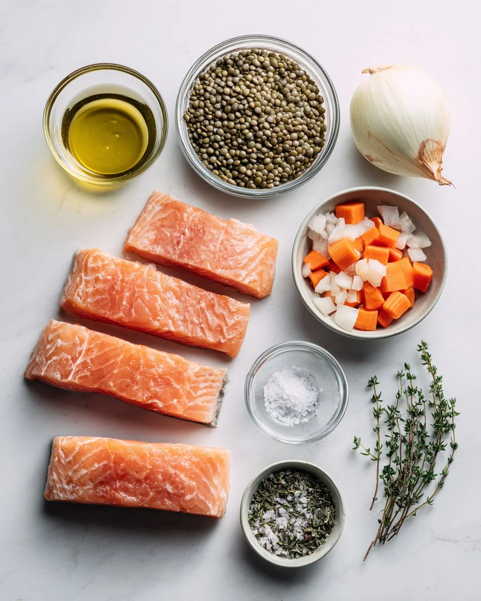 Roasted Salmon with Braised French Green Lentils