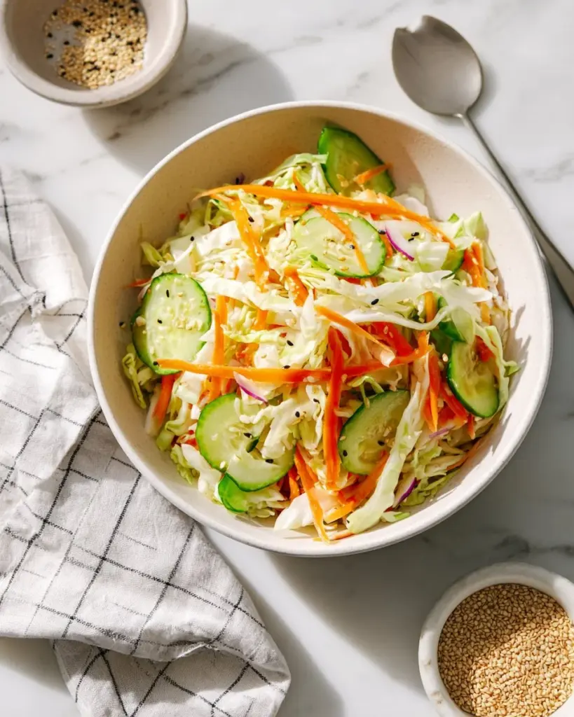 Bowl of fresh Sesame Cabbage Salad with sesame seeds and vegetables