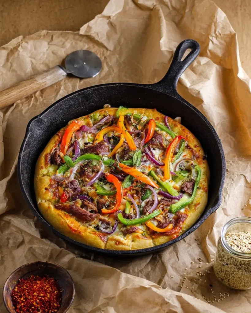 Skillet pizza topped with balsamic-tomato sauce and roasted vegetables