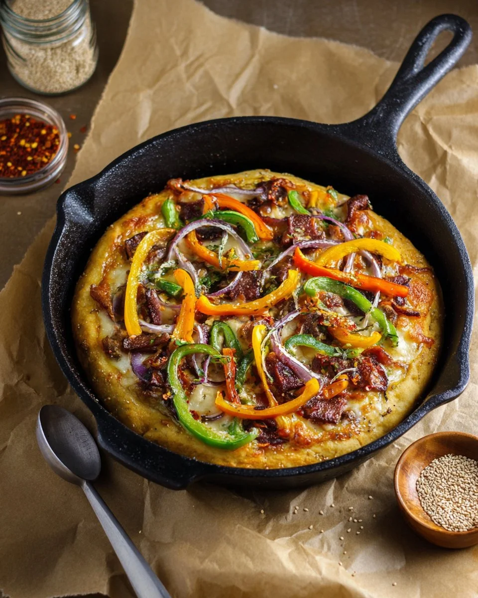 Skillet Pizza with Balsamic Tomato Sauce and Roasted Veggies