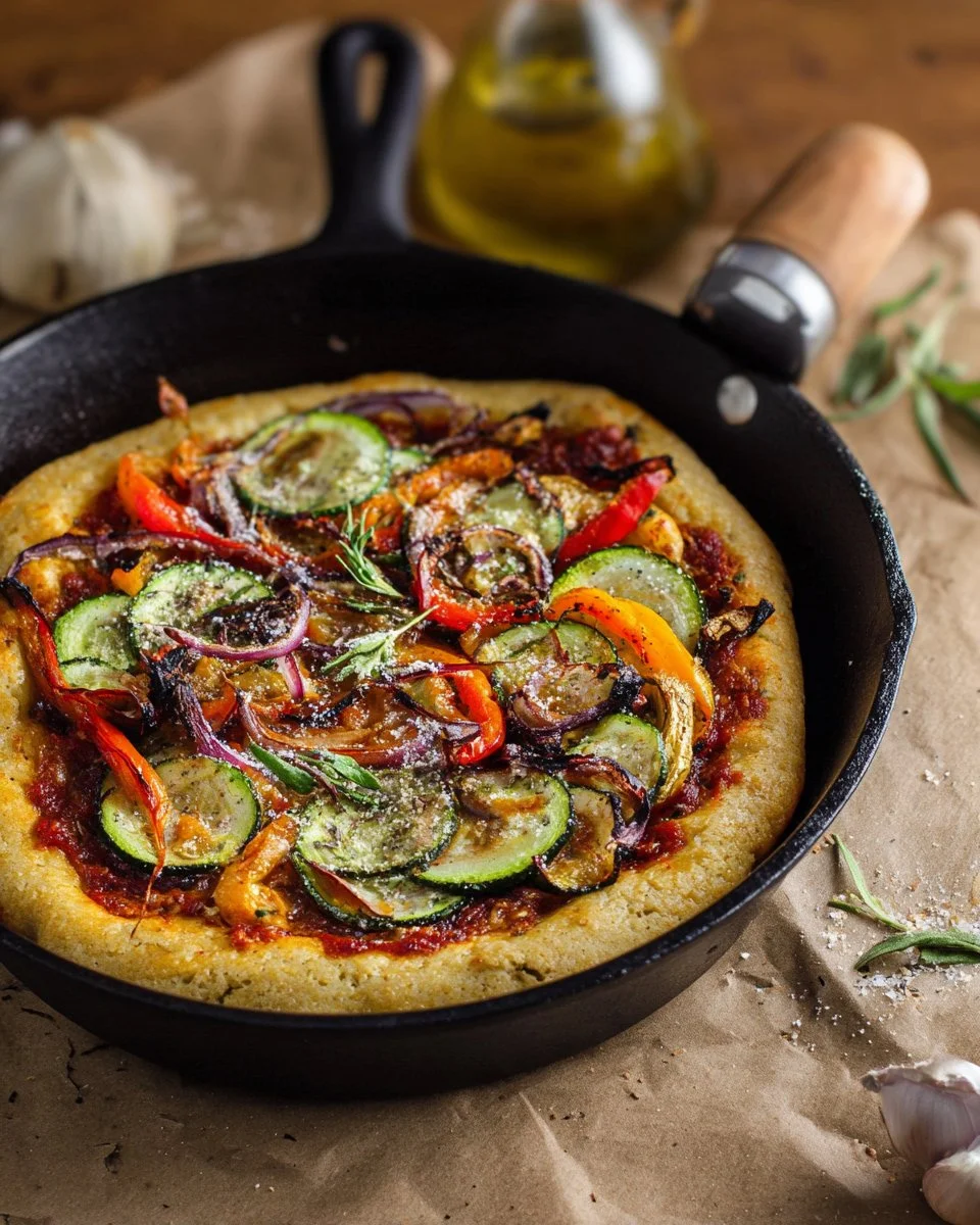 Skillet Pizza with Balsamic Tomato Sauce and Roasted Veggies