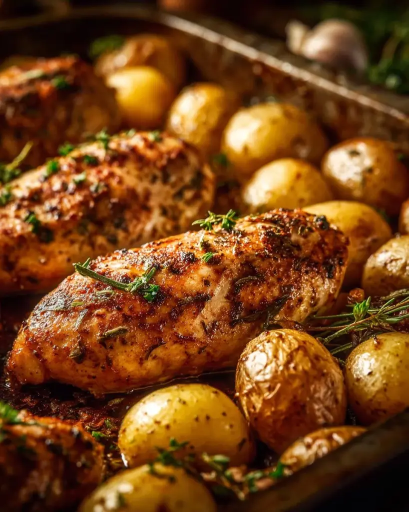 Delicious slow cooker garlic herb chicken served on a plate with herbs and spices.
