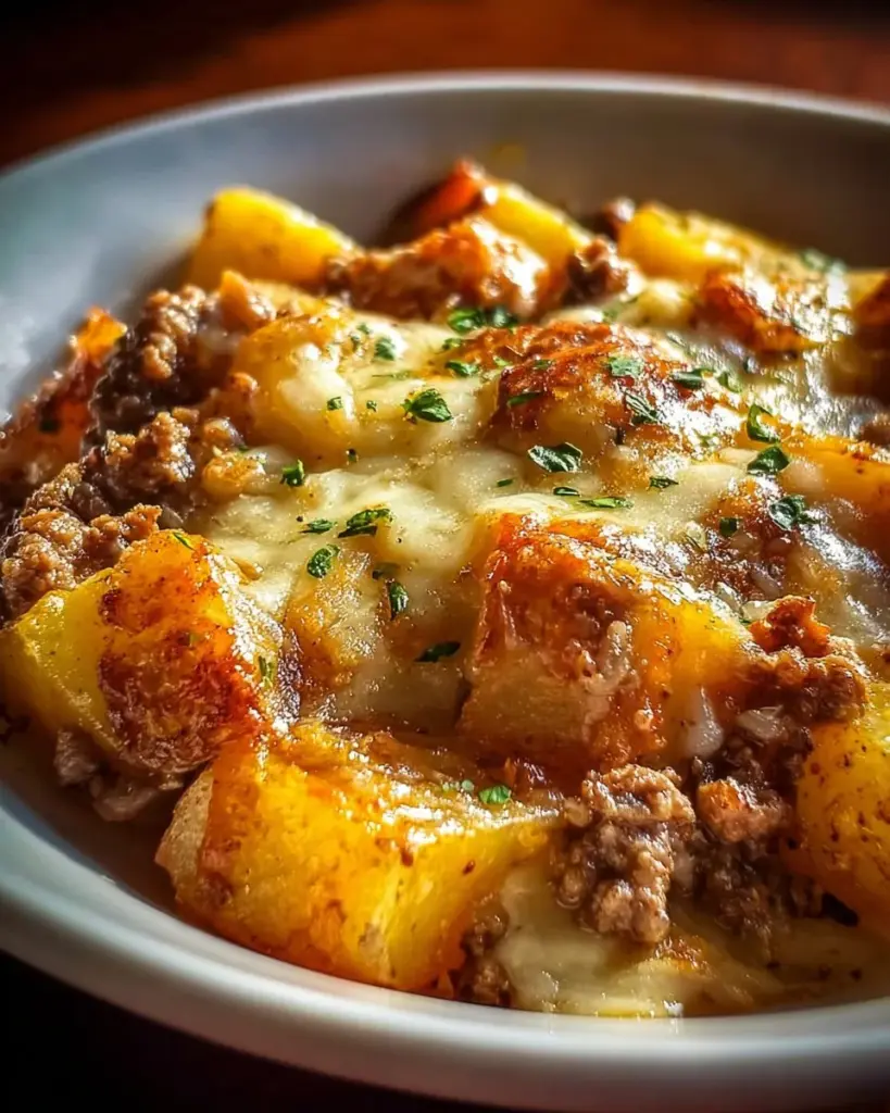Slow cooker steak and cheddar potato casserole served in a bowl with fresh herbs