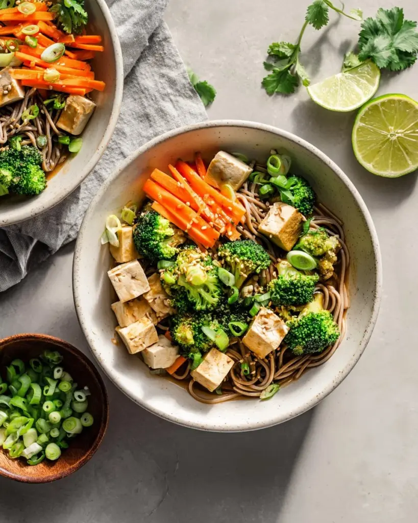 Soba noodle stir fry with tofu and colorful vegetables