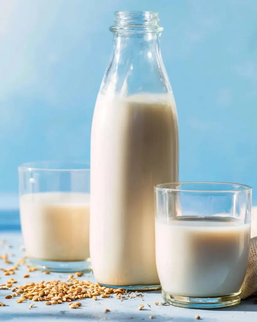 A glass of spelt milk in a kitchen setting, highlighting its creamy texture.