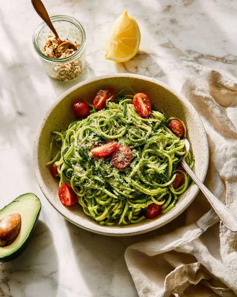 Bowl of spicy kale pesto with zucchini noodles topped with nuts and fresh herbs