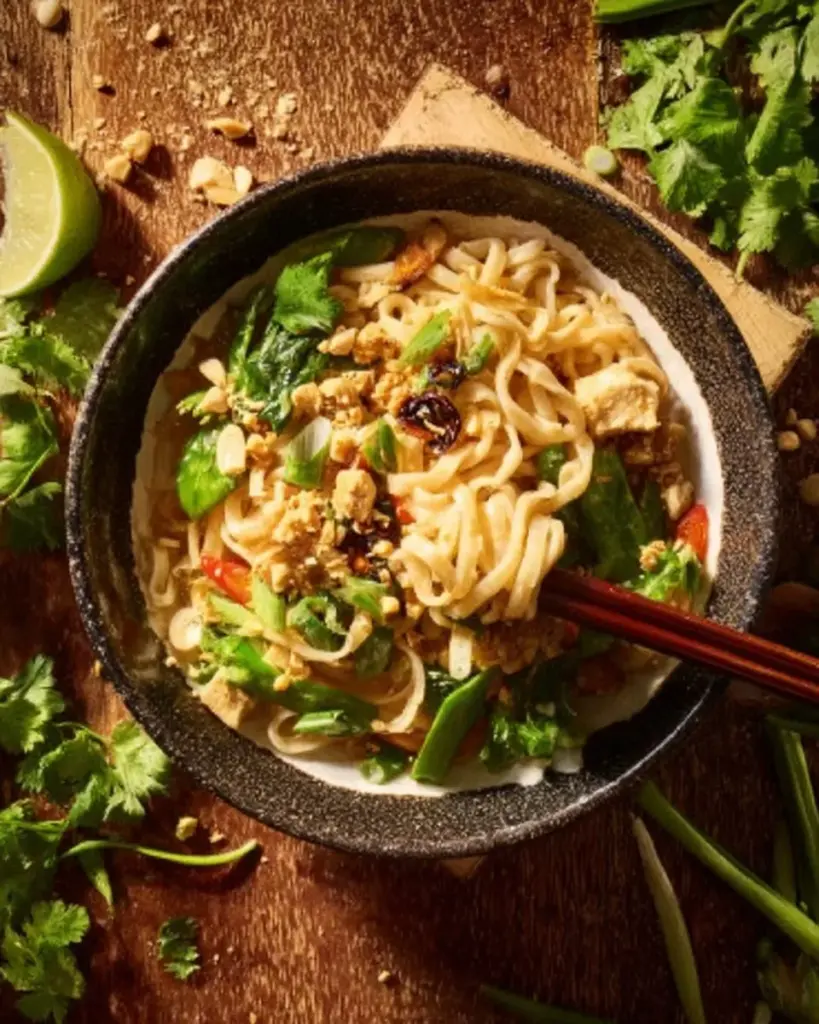 Bowl of spicy peanut ramen topped with green onions and chili oil
