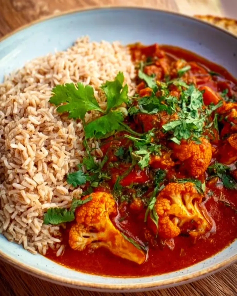 Homemade spicy vindaloo sauce served with roasted cauliflower