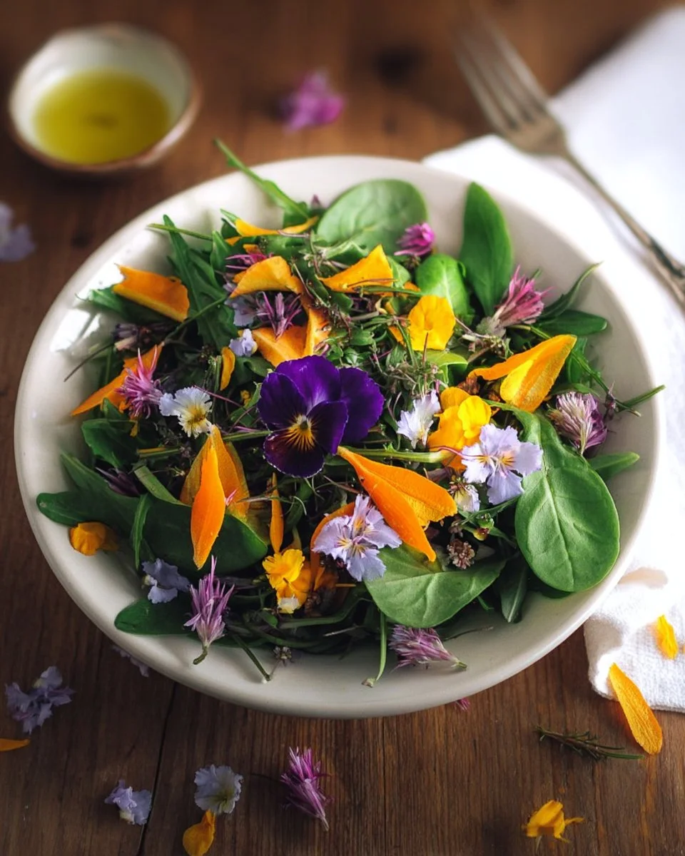 Spring Salad with Edible Flowers and Dandelion Greens