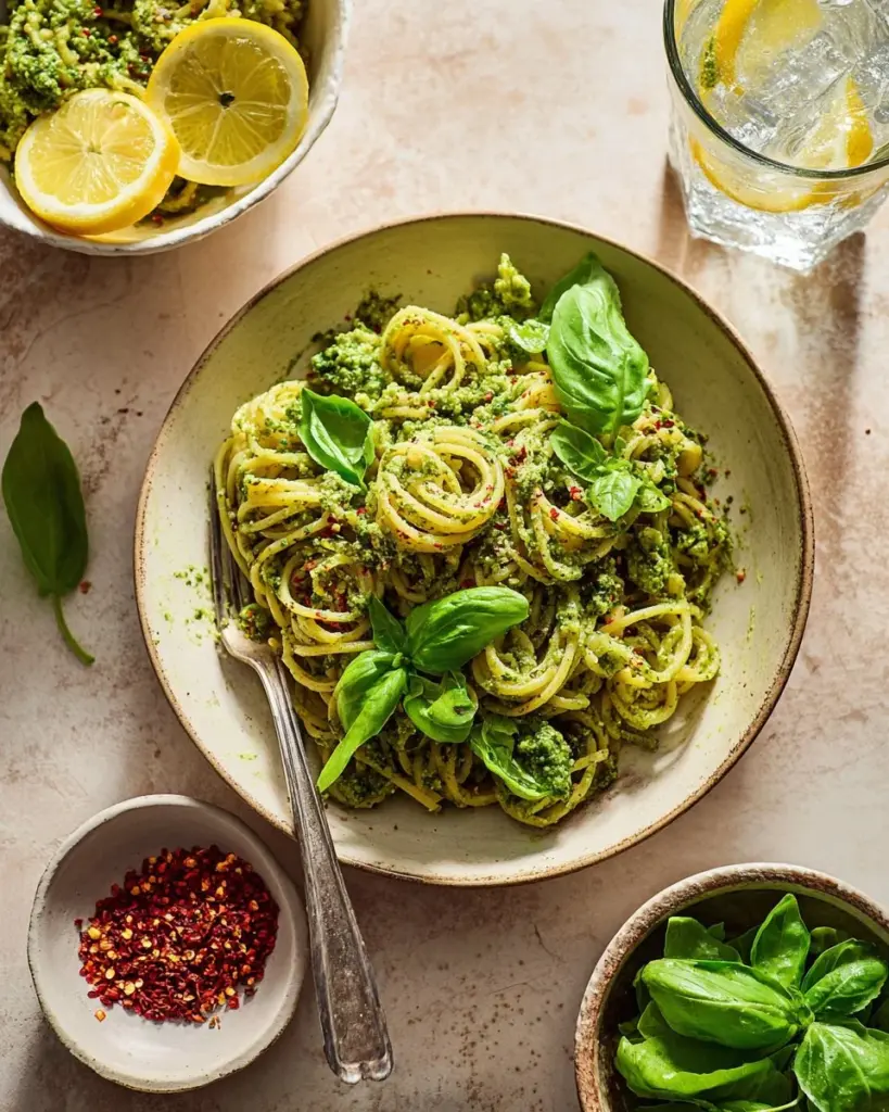 Plate of Super Green Pasta with fresh herbs and vegetables.