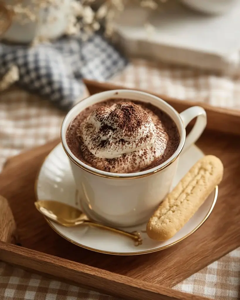 A cup of tiramisu hot chocolate topped with whipped cream and cocoa powder.