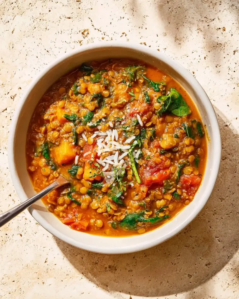 Bowl of delicious Tomato Lentil Soup with herbs and spices