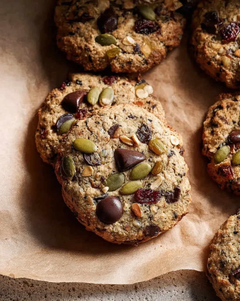 Homemade trail mix cookies with nuts, seeds, and chocolate chips