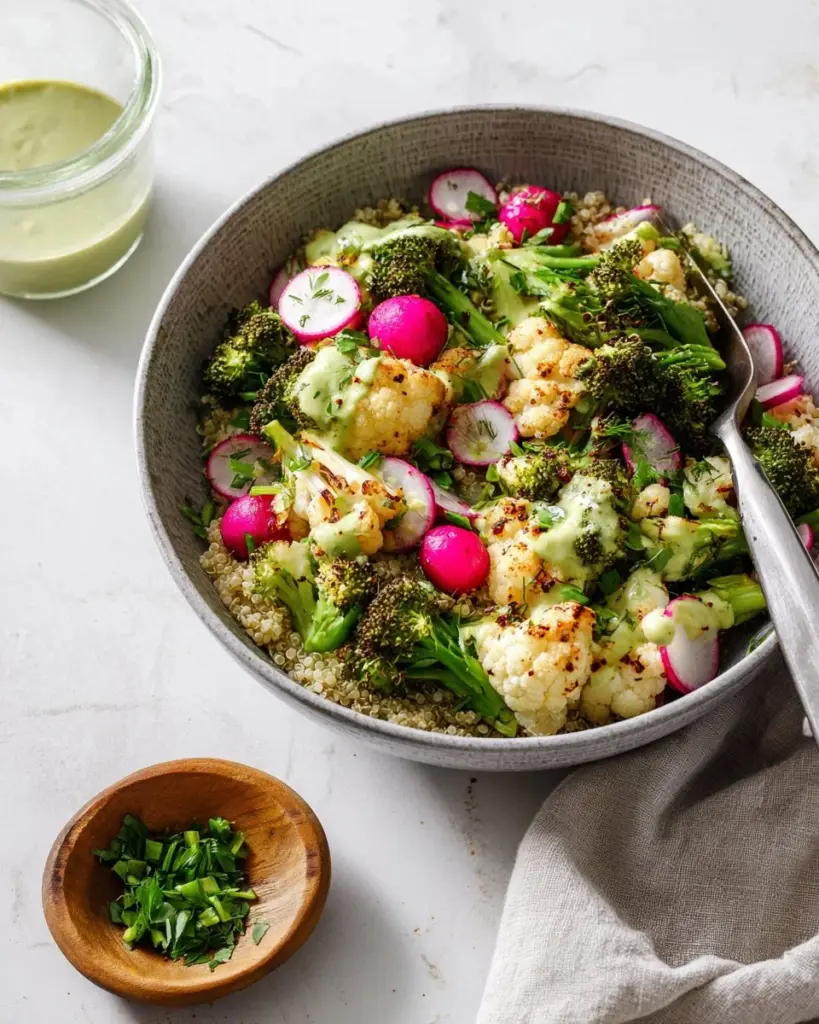 Colorful Vegan Buddha Bowl topped with Lemon Tahini Sauce, featuring fresh vegetables and grains.