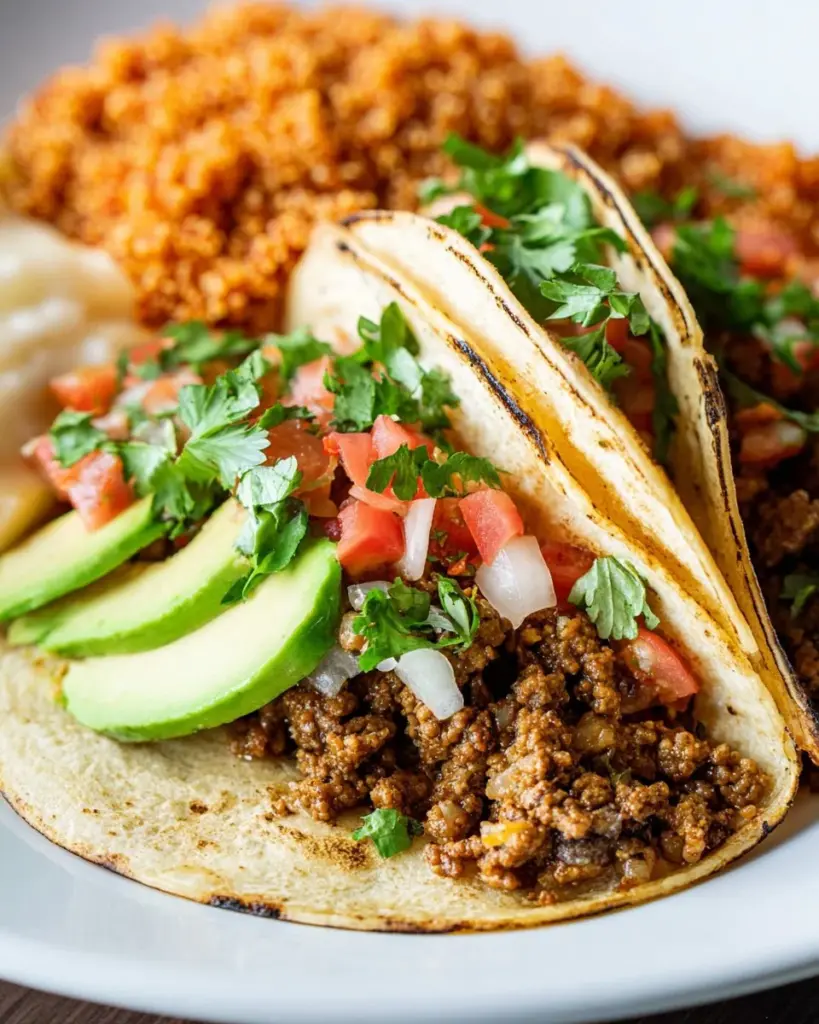 Colorful vegan street tacos topped with fresh vegetables and avocado