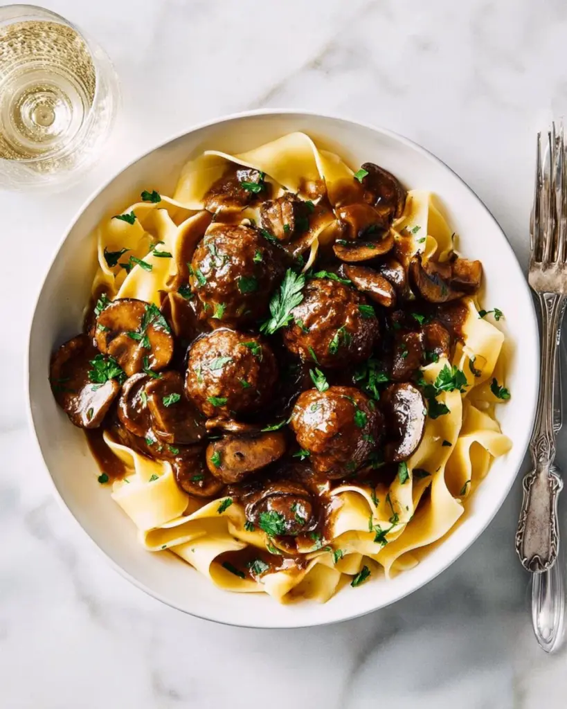 Creamy mushroom pappardelle pasta topped with fresh herbs and cheese.
