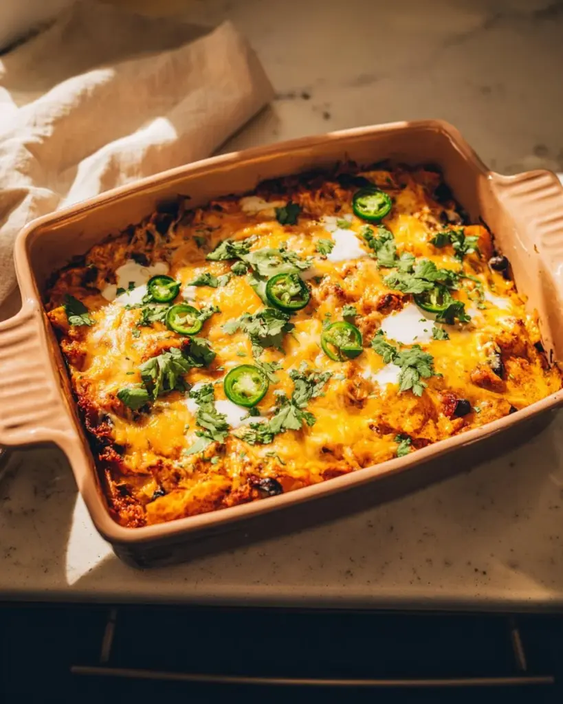 Delicious Mexican Chicken Casserole topped with cheese and spices