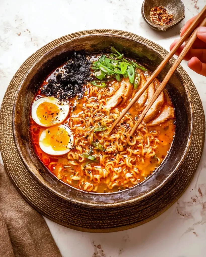 A bowl of delicious spicy ramen topped with green onions and chili flakes.