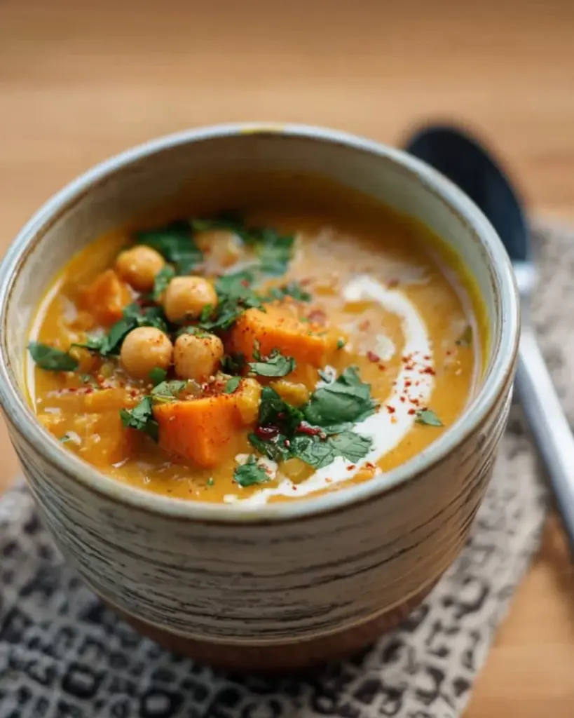 Bowl of Sweet Potato Curry Chickpea Soup garnished with fresh herbs
