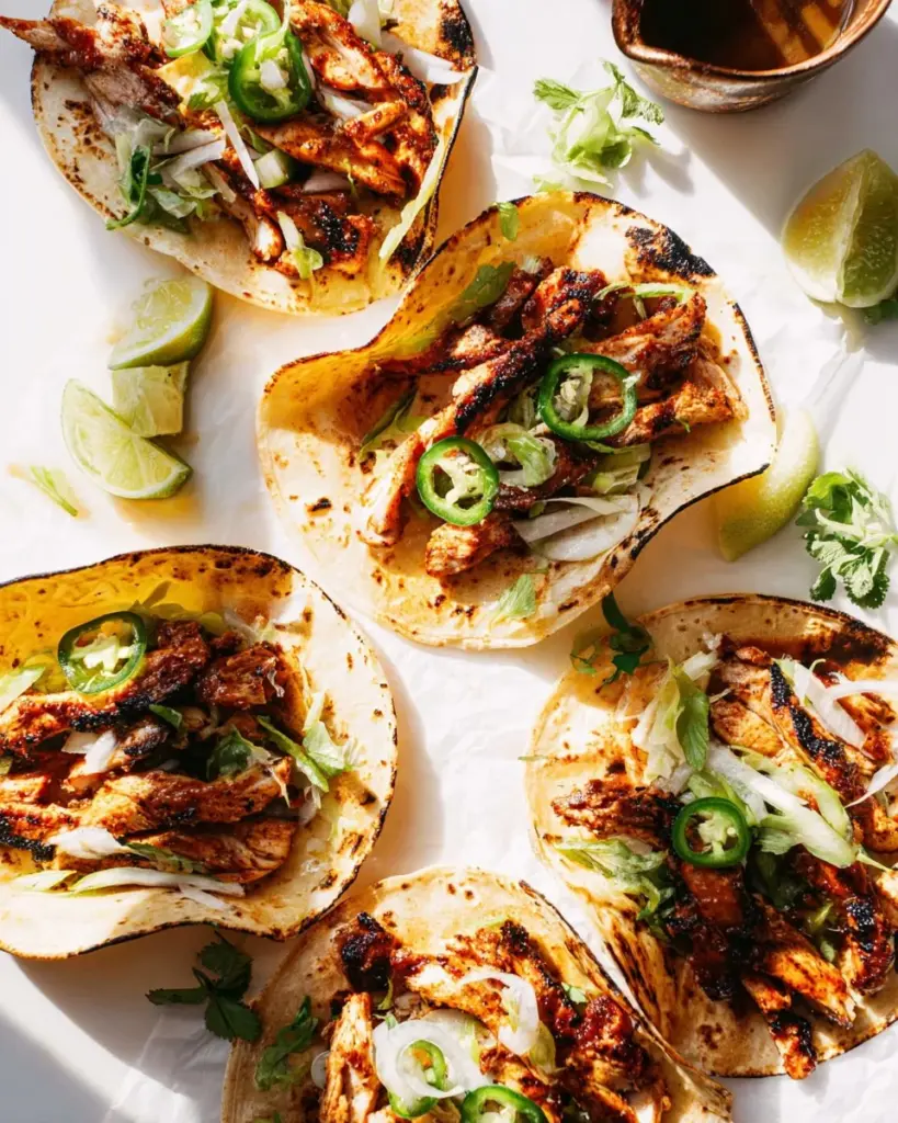 A plate of flavorful chicken street tacos topped with fresh ingredients