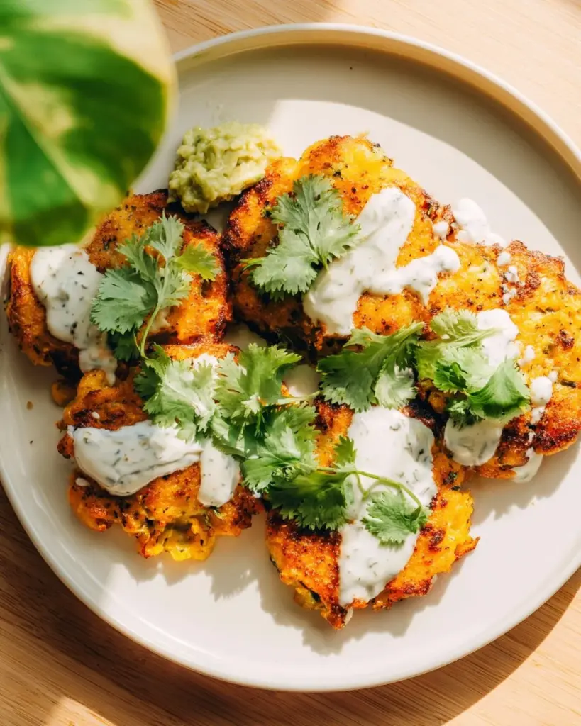Plate of crispy salmon patties with lemon wedges and garnishes