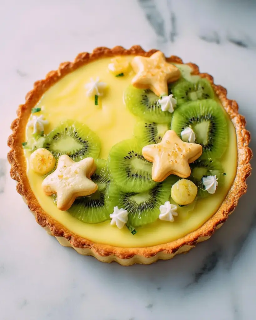 Delicious Kiwi Lime Curd Tart garnished with fresh kiwis and lime slices