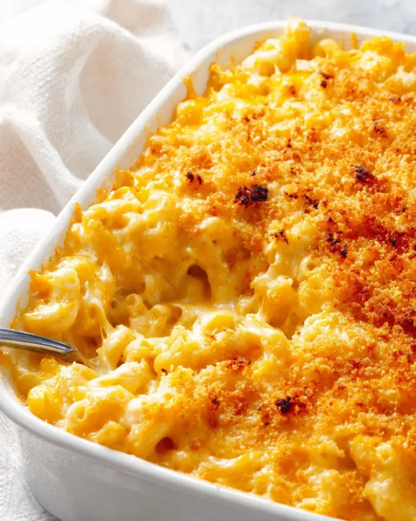 Delicious old fashioned baked macaroni and cheese in a casserole dish