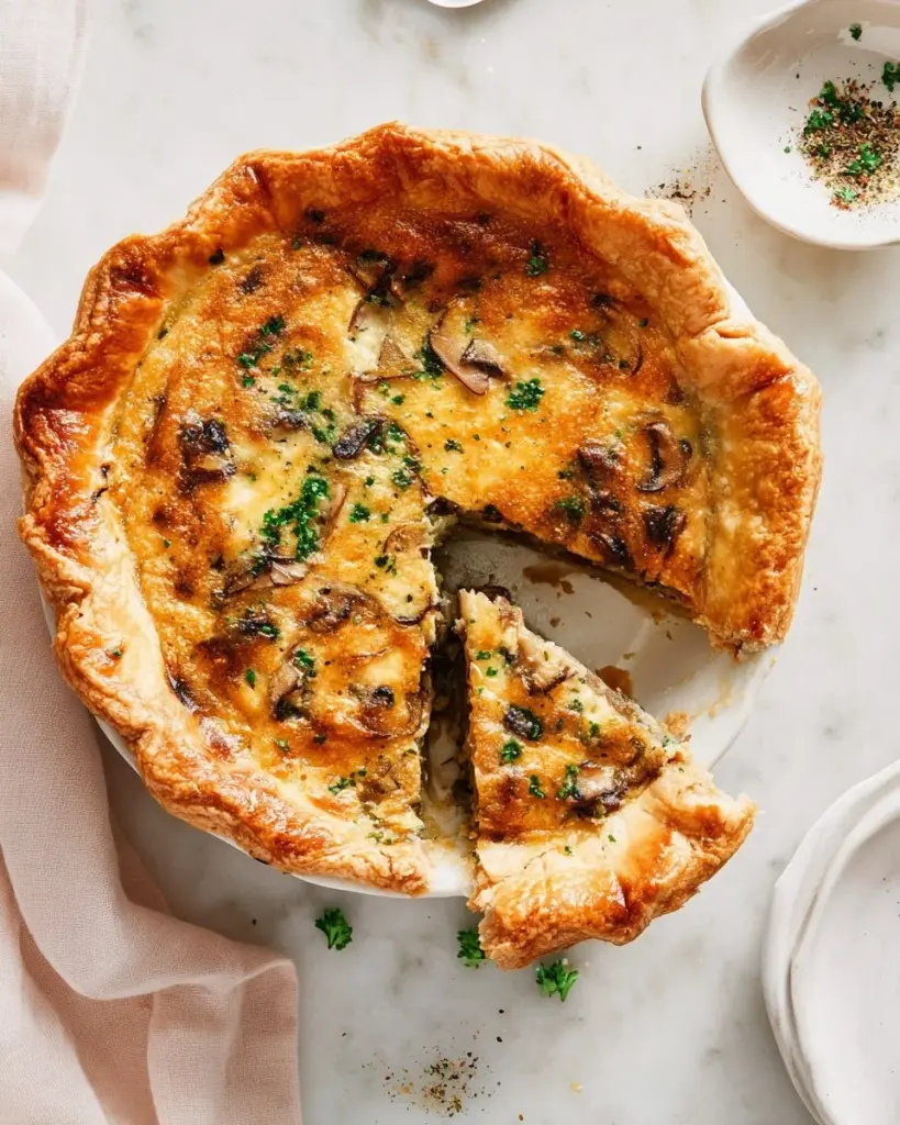 Delicious Spinach Mushroom Quiche slice served on a plate with fresh herbs.